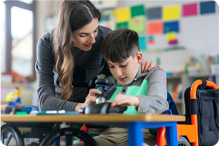 Therapist providing one-to-one ABA support to a student in a classroom in the Raleigh, NC area